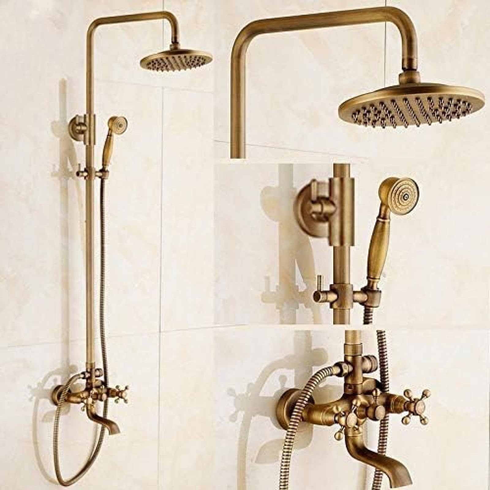 GLJTUO Shower system, V-intage Antique Brass Shower Faucet Set Rainfall Shower Head W/Ceramics Hand Shower Retro Wall Mount Luxury Shower Set