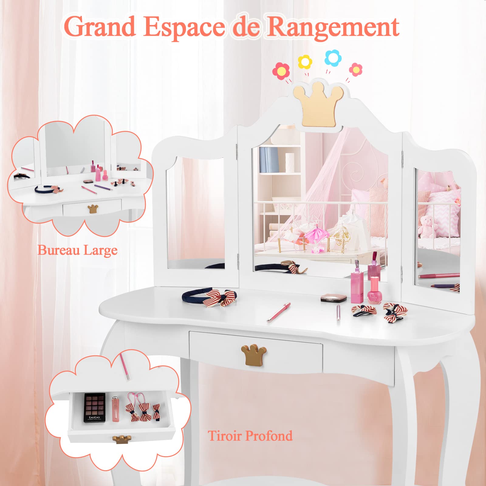 LIFEZEAL Coiffeuse Enfants Avec Tabouret Lapin - Coiffeuse Fille Bois Miroir Dessus Amovible Tiroir (Blanc)