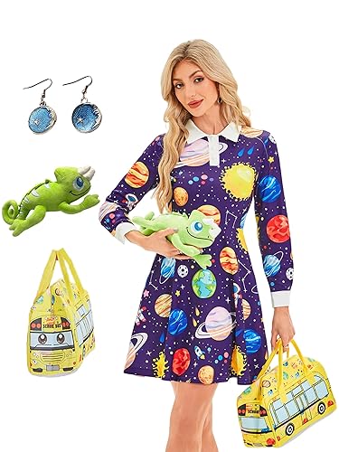 Leevuyu 4pcs Women Halloween Teacher Costume Set Long Sleeve Dress with Bag Earrings Accessories Sets - Large - Purple