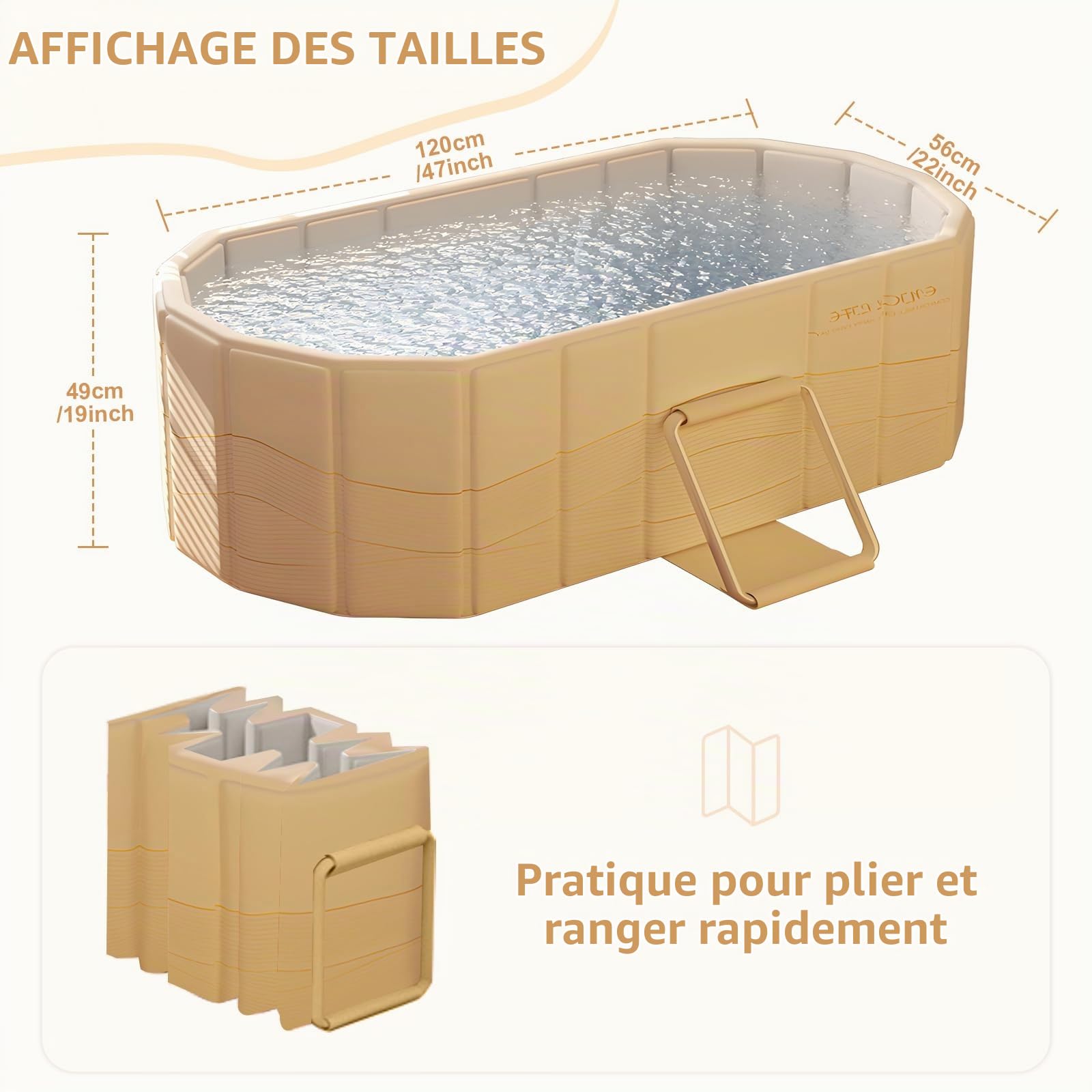 Baignoire pliable pour adultes, 2 en 1 bain glacé & eau chaude, baignoire portable autoportante avec couvercle, idéale pour spa à domicile, extérieur & intérieur, sans montage (120 x 56 x 50 cm