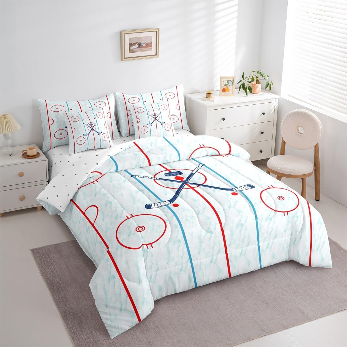 Erosebridal Ice Hockey Bed in A Bag King 7 Pcs Ice Hockey Rink Comforter Set for Women Men Hockey Stadium Rink Bedding Set Winter Sports Game Sheet Set with Comforter Modern Stylish Room Decor