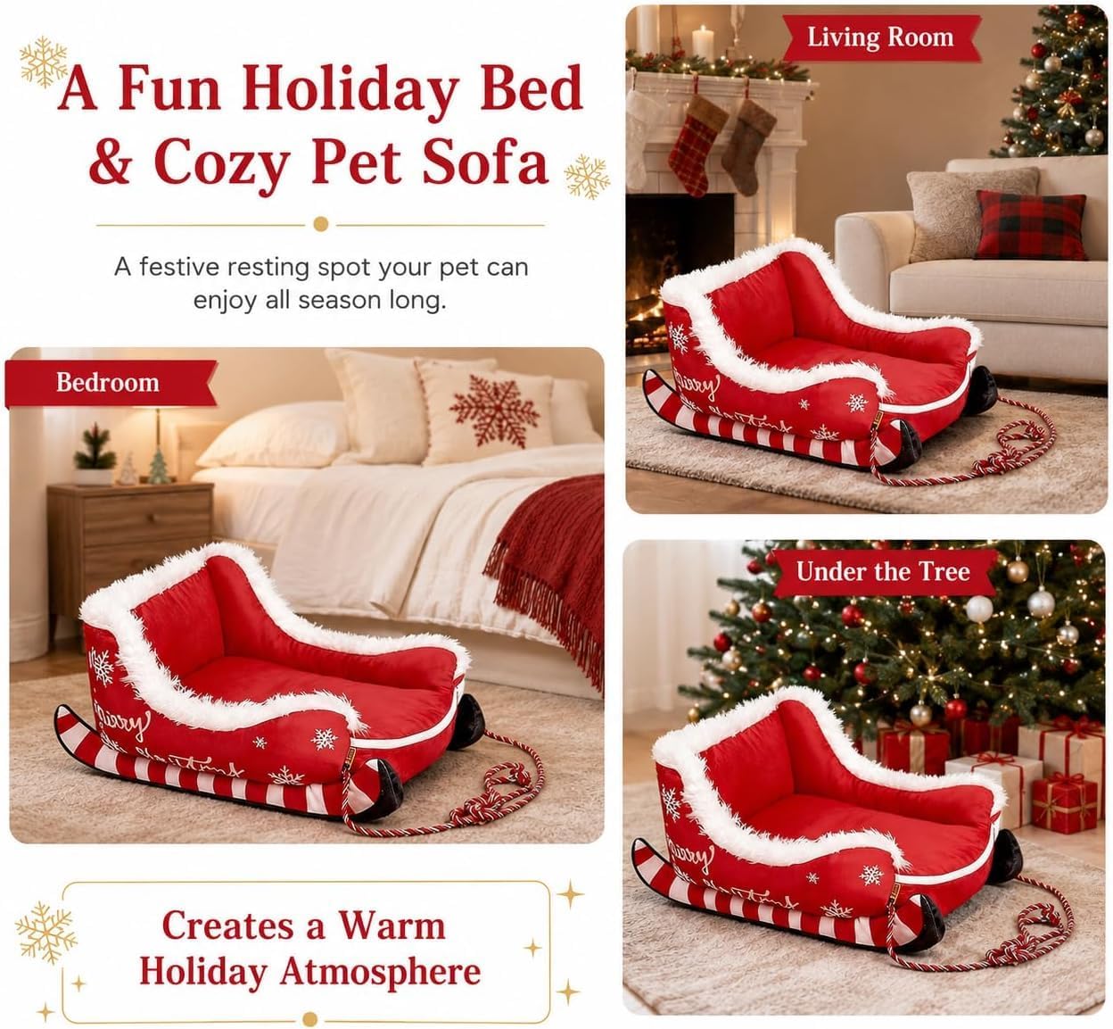 Cama para Gatos de Navidad,Cama para Perros,Cama navideña para Perros con Forma de Trineo de Papá Noel,Trineo de Navidad,Nido de Peluche,para Dormitorio,Salón,Invierno,Casa