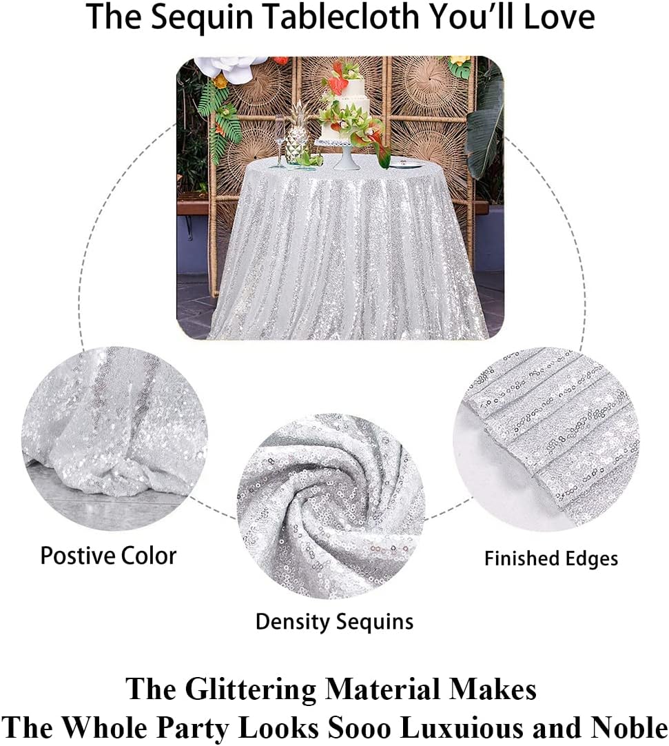Tablecloth Round 70 inch Sequin Tablecloth Round Table Cloths Disposable Rustic Table Cloths Party Table Cover Circle Tablecloth Glitter Tablecloth for Birthday Party Halloween Christmas (Silver)