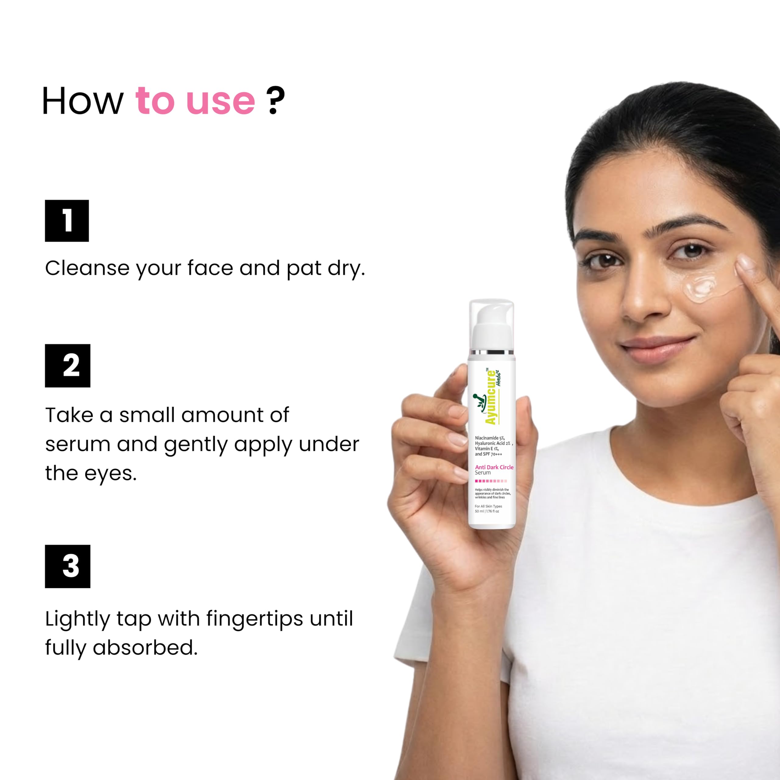 Ayumcure Anti Dark Circle Eye Serum – With 5% Niacinamide, 2% Hyaluronic Acid, Vitamin E & SPF 70+++ | Brightening & Hydrating Under Eye Care | For Dark Circles & Fine Lines | 50ml — Amazon image 7