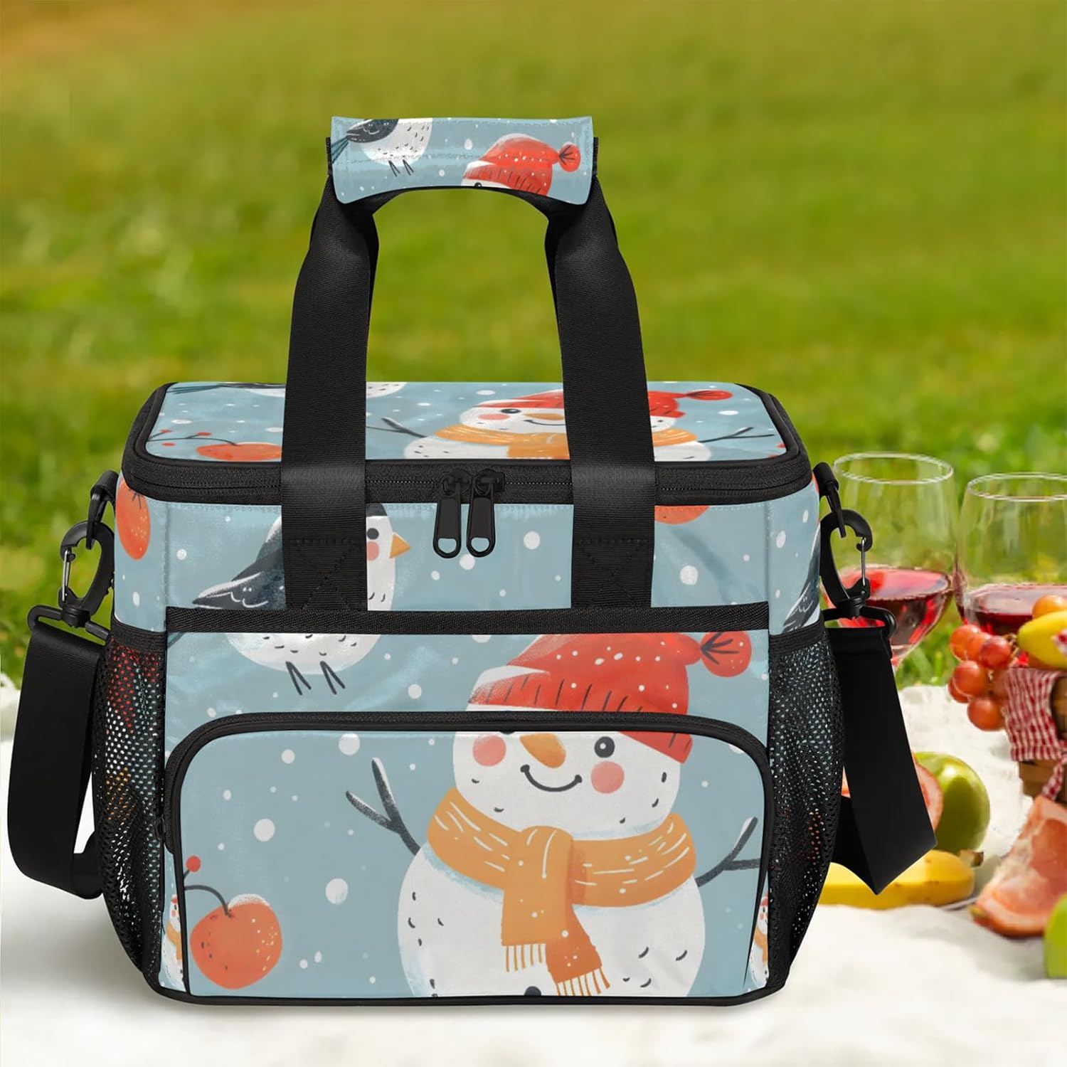 Snowman and Bird Insulated Picnic Backpack Lunch Box for Women Men Picnic Basket Tote Lunch Bag Picnic Bag Portable Lunch Bags for Picnic, Beach, Work, Trip,Office, Camp