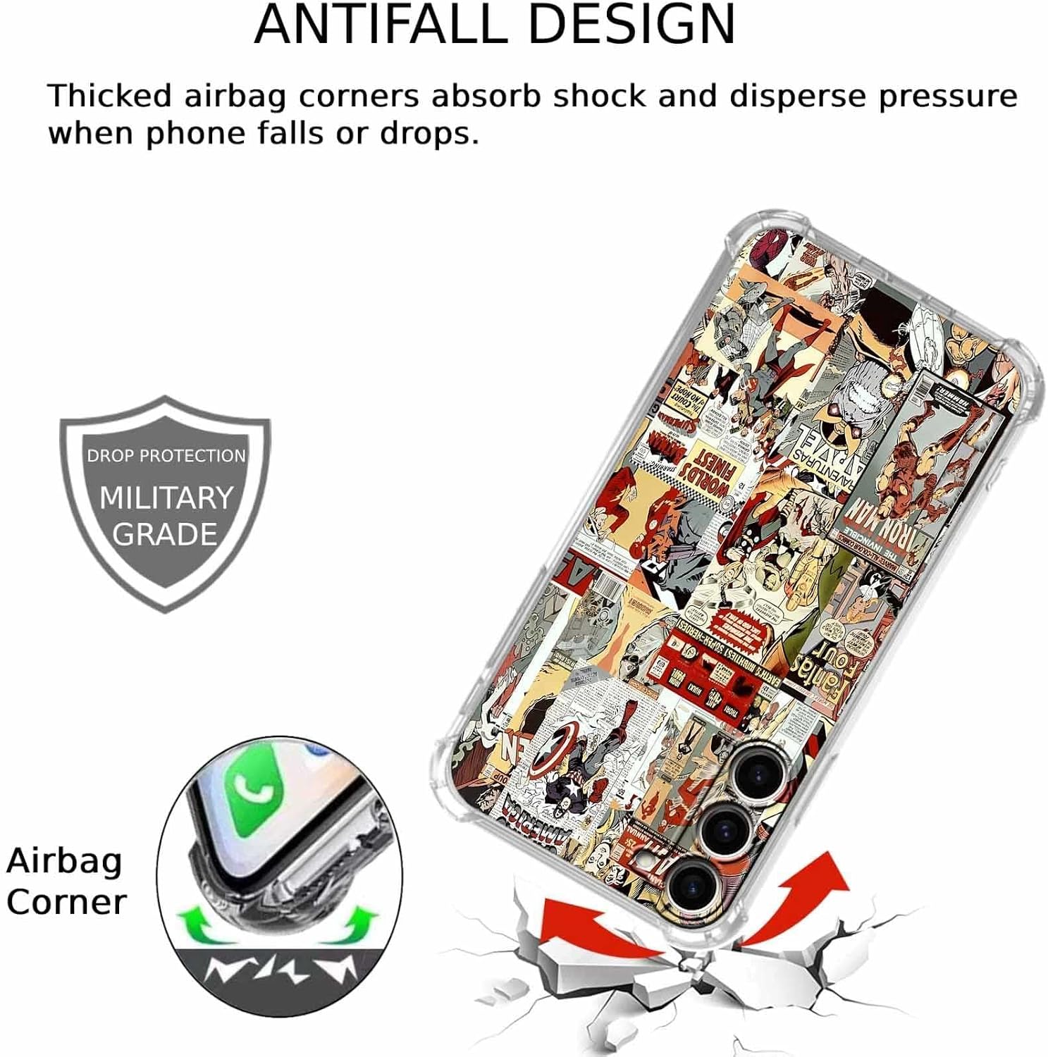 Case for Samsung Galaxy S23 with Superhero Design,Cartoon Comic Pop Culture Art Collage,Clear Soft TPU Bumper Phone Cover,6.1"(Hero,S23)