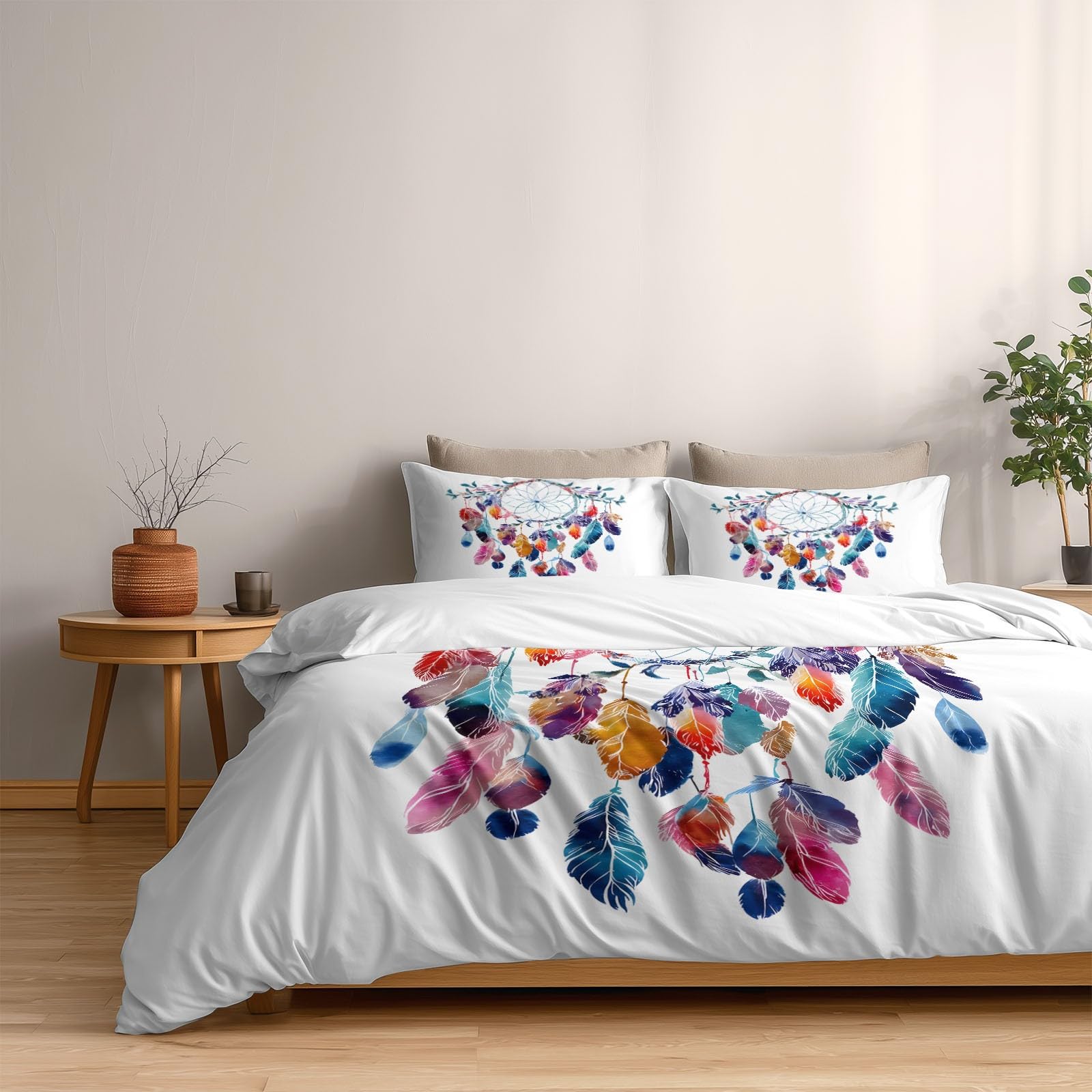 Generisch Boho Chic Stil 3-teiliges Bettwäsche-Set, 1 Bettbezug 240 x 220 cm und 2 Kissenbezüge 80 x 80 cm, Weiß, Traumhafter Wald Traumfänger, Pflegeleicht, Erwachsene, Schlafzimmer