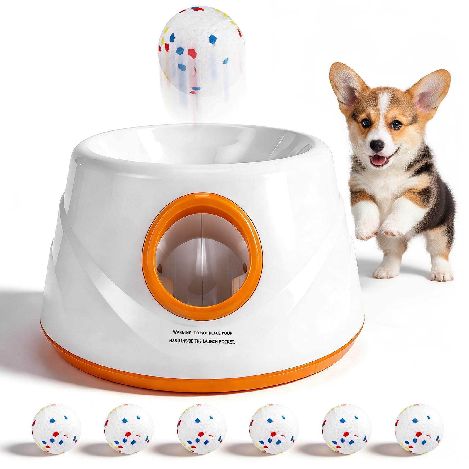 Lanceur balles automatique pour chien, Machine à lancer des balles avec 6 balles de tennis en E-TPU et 3 réglages de distance Jouet interactif pour chien (Distance de lancement : 6 à 14 mètres)