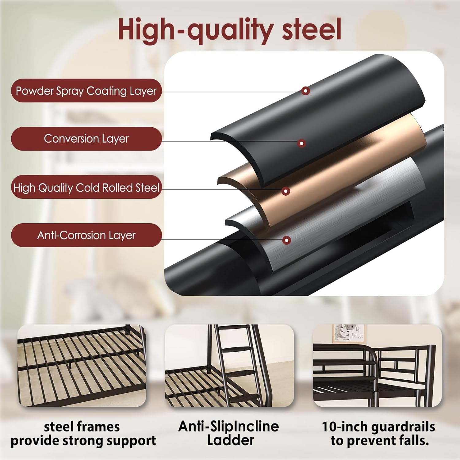 Metal Twin Over Full Size Bunk Bed for Adults & Kids,Twin Over Full Bunk Beds, Low Profile Bunkbeds with Length Guardrail and Ladder, No Box Spring Needed,Space Saving,Black