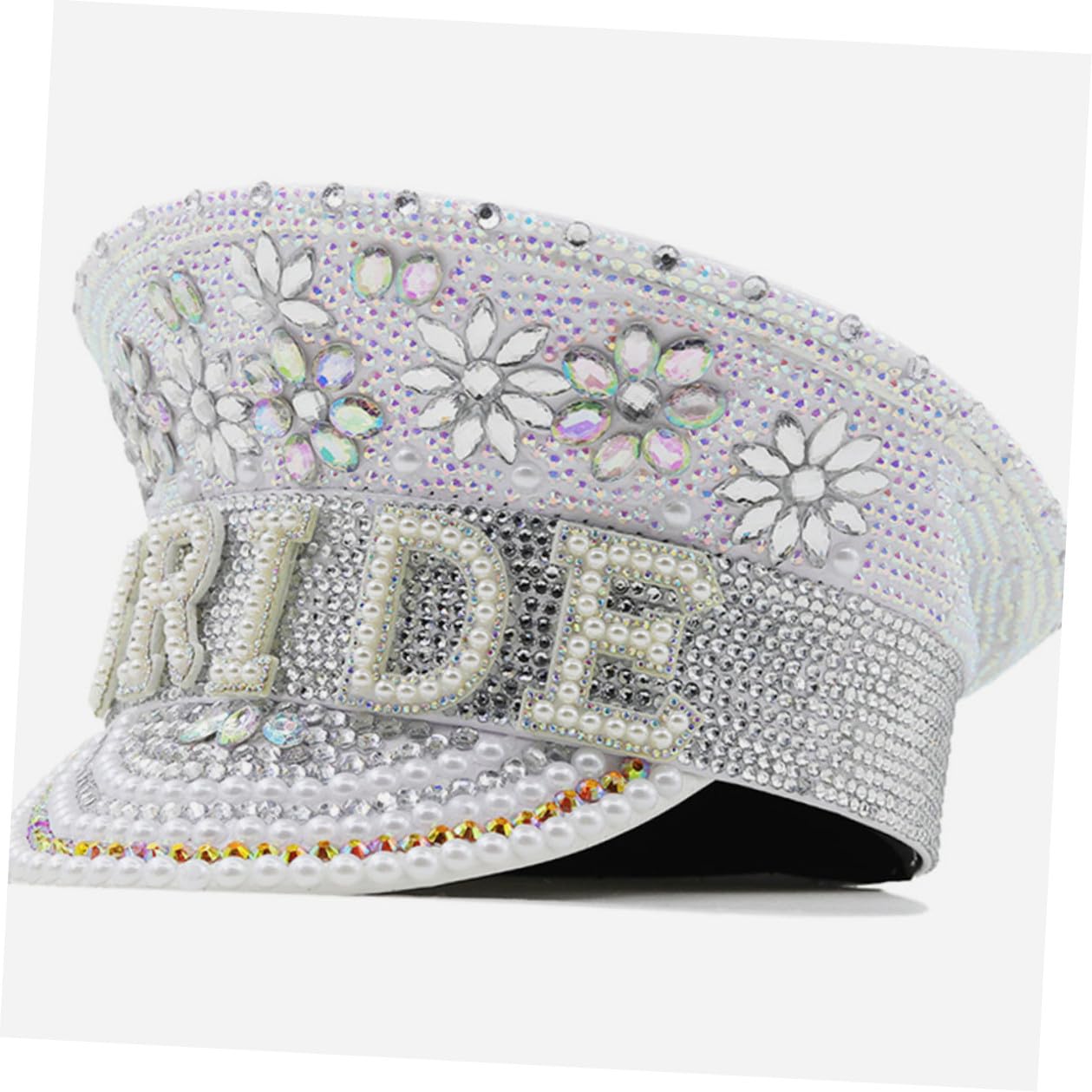 Housoutil Sombrero para Novia en Color Claro con Gemas de Imitación, Estilo Capitán, Talla Ajustable, Adecuado para Despedidas de Soltera y Fiestas de Boda, Accesorio Brillante y Elegante