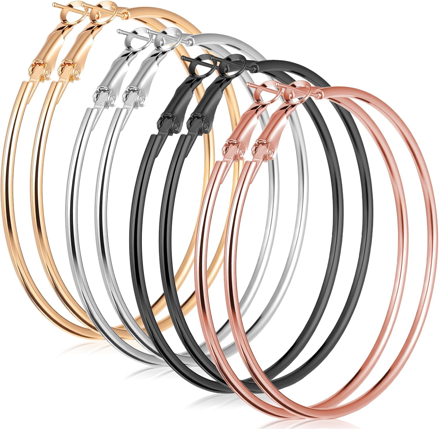 4 Pairs Stainless Steel Big Hoop Earrings for Women Gold Silver Rose Gold Black 2.3 Inch Large Circle Hoop Earrings