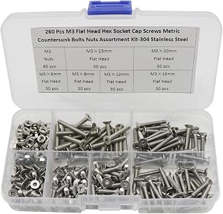260 Pcs M3 Hex Socket Flat Head Countersunk Bolts Screw Nut Assortment Kit-304 Stainless Steel