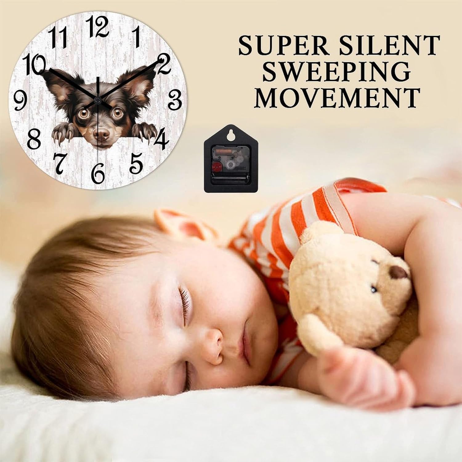 Decorative Wall Clock MUDI Wall Clock Doggy Dog Owner Wooden Clocks Silent Battery Operated 12 Inch Shabby Chic Retro Round Clock for Kitchen Bedroom Office