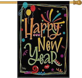 AVOIN Happy New Year House Flag Vertical Double Sized, Balloon Firework Celebration Party Yard Outdoor Decoration 28 x 40 Inch