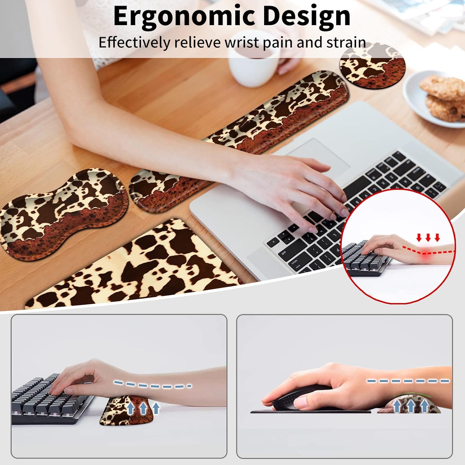 Keyboard Wrist Rest + Mouse Pad + Mouse Wrist Rest Support + Coaster Set, Ergonomic Memory Foam Mouse and Keyboard Pad Set for Laptop Computer Office Home Working Gaming,Vintage Cow Print