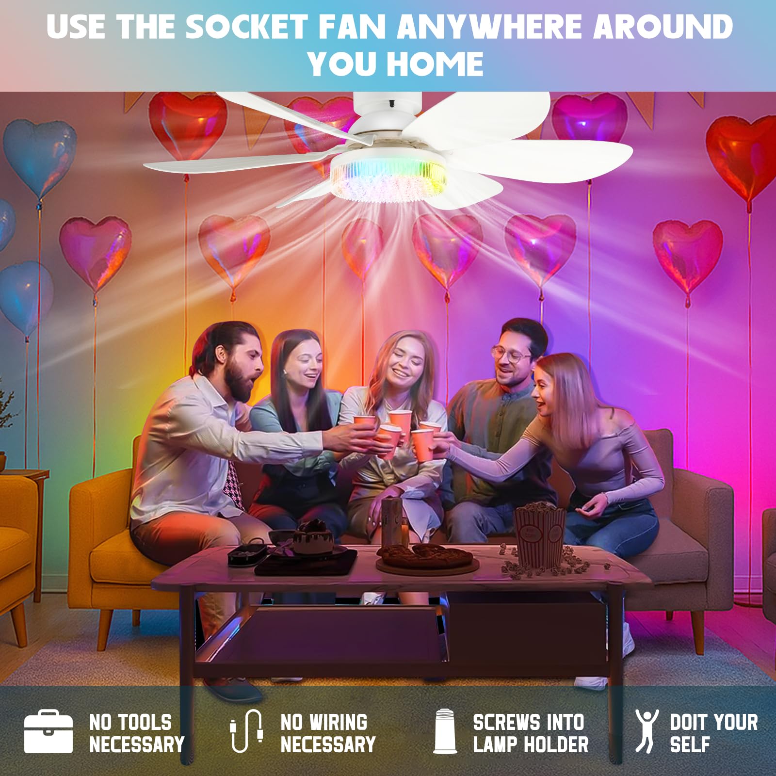 ConBlom Ventilatore da soffitto con lampada E27 e telecomando, 40 W, copertura in cristallo RGB, dimmerabile, silenzioso, 6 pale, per camera da letto, soggiorno, cucina