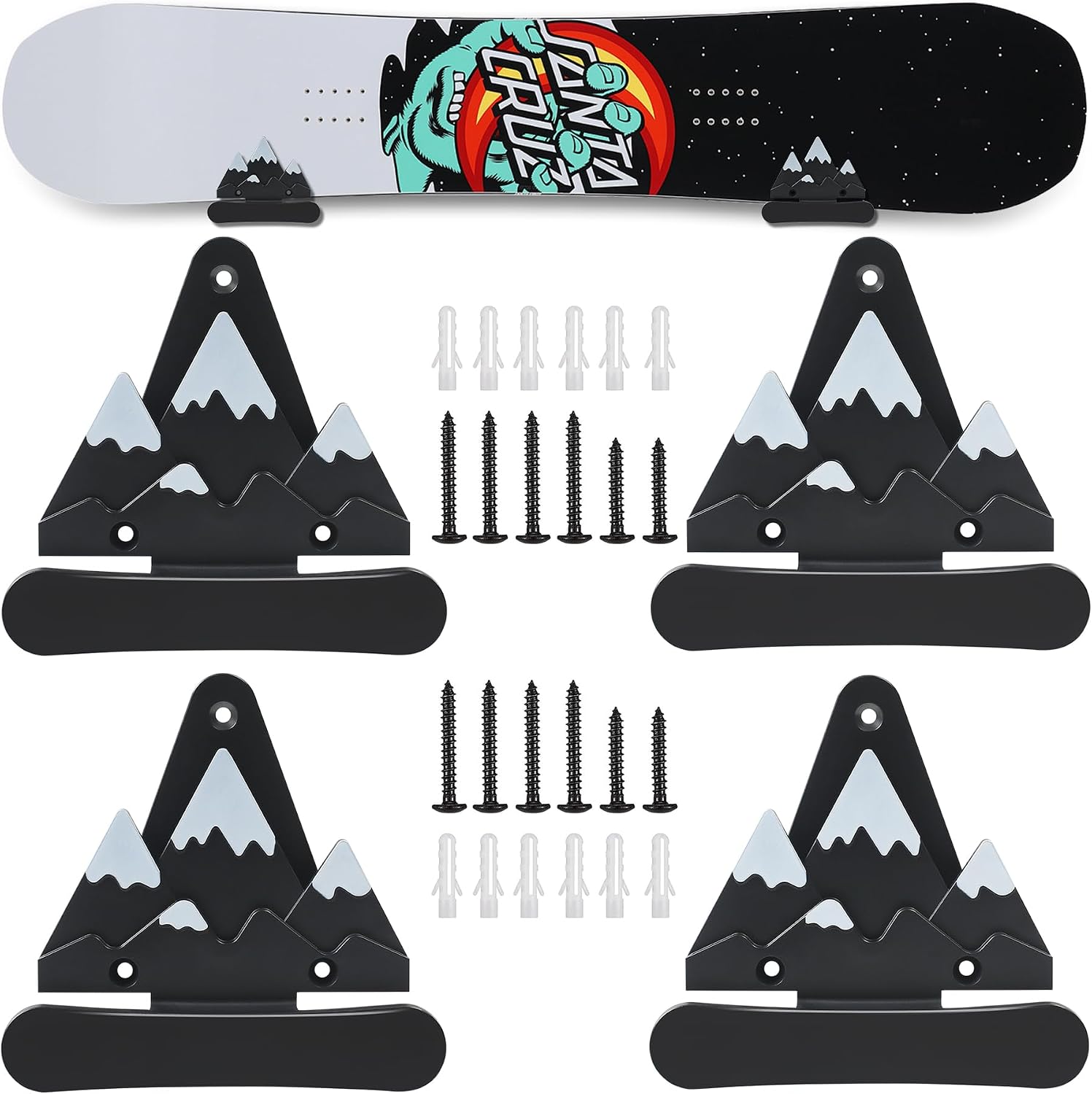 2pcs Snowboard Wall Mount with Hooks, Snowboard Skateboard Hanging Wall Rack, Garage Storage Brackets, Snowboard Display Stand, Wall Art (Black＆White)