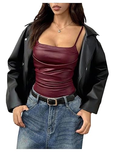 MakeMeChic Women's PU Leather Draped Camisole Spaghetti Strap Sleeveless Cami Top - Medium - Burgundy