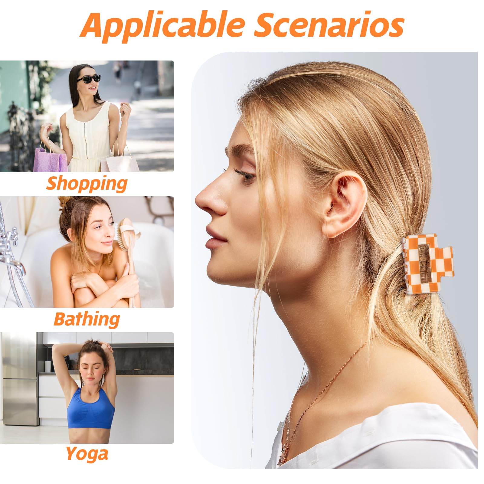 4 pinzas de pelo a cuadros, pinzas antideslizantes para cabello grueso, fino, rizado, liso, largo, estilo simple, naranja y blanco, accesorios para el cabello para mujer
