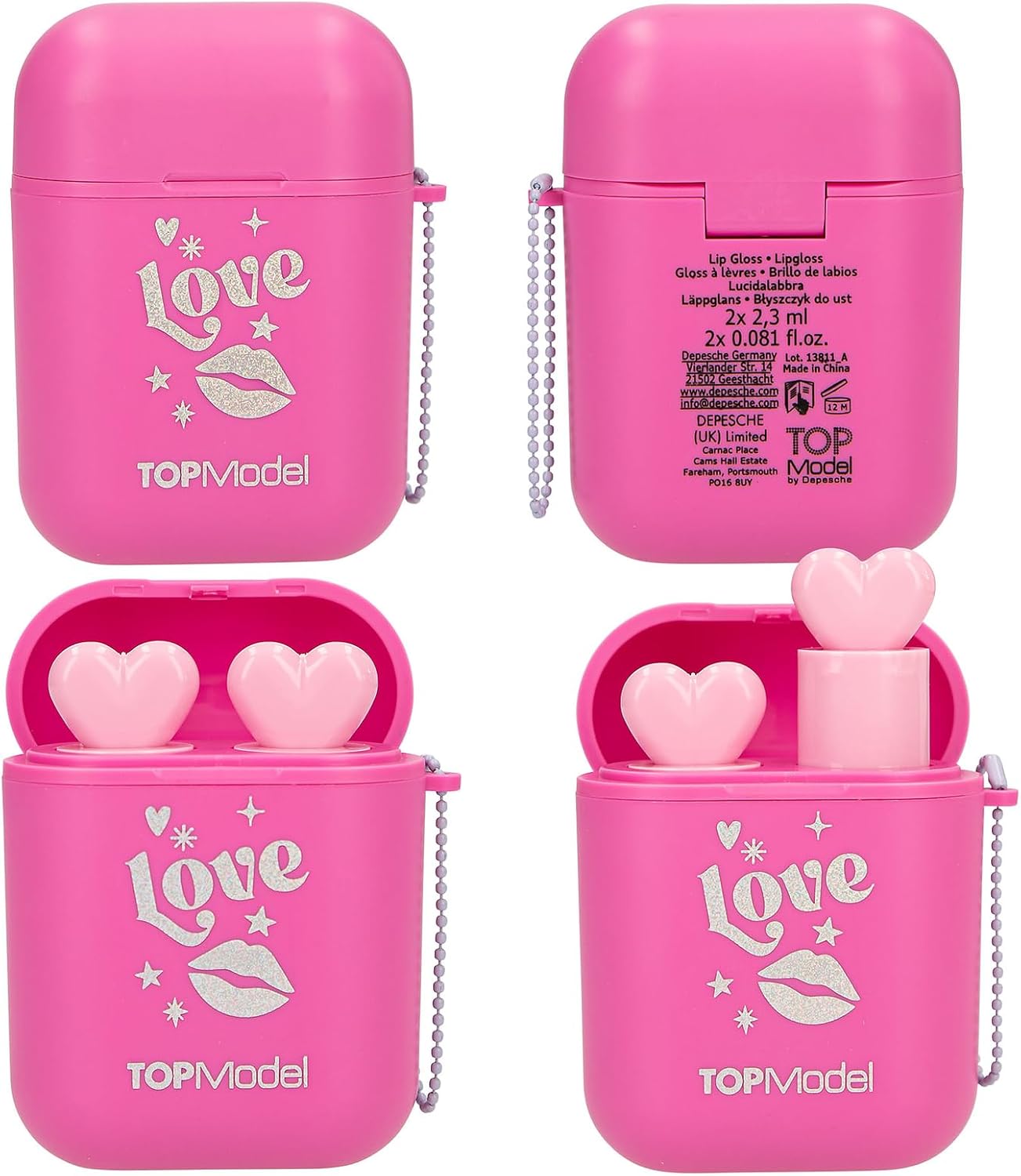 TOPModel Lip Gloss Set with Headphone Case, 2 x 2.3 ml, Blueberry Cake & Strawberry Fragrance, Pink