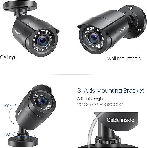 Miniatura 7 de ZOSI Paquete de 4 cámaras de seguridad para el hogar HD-TVI de 2MP 1080p HD-TVI 1920 TVL, 24 LED, visión nocturna de 80 pies, ángulo de visión de