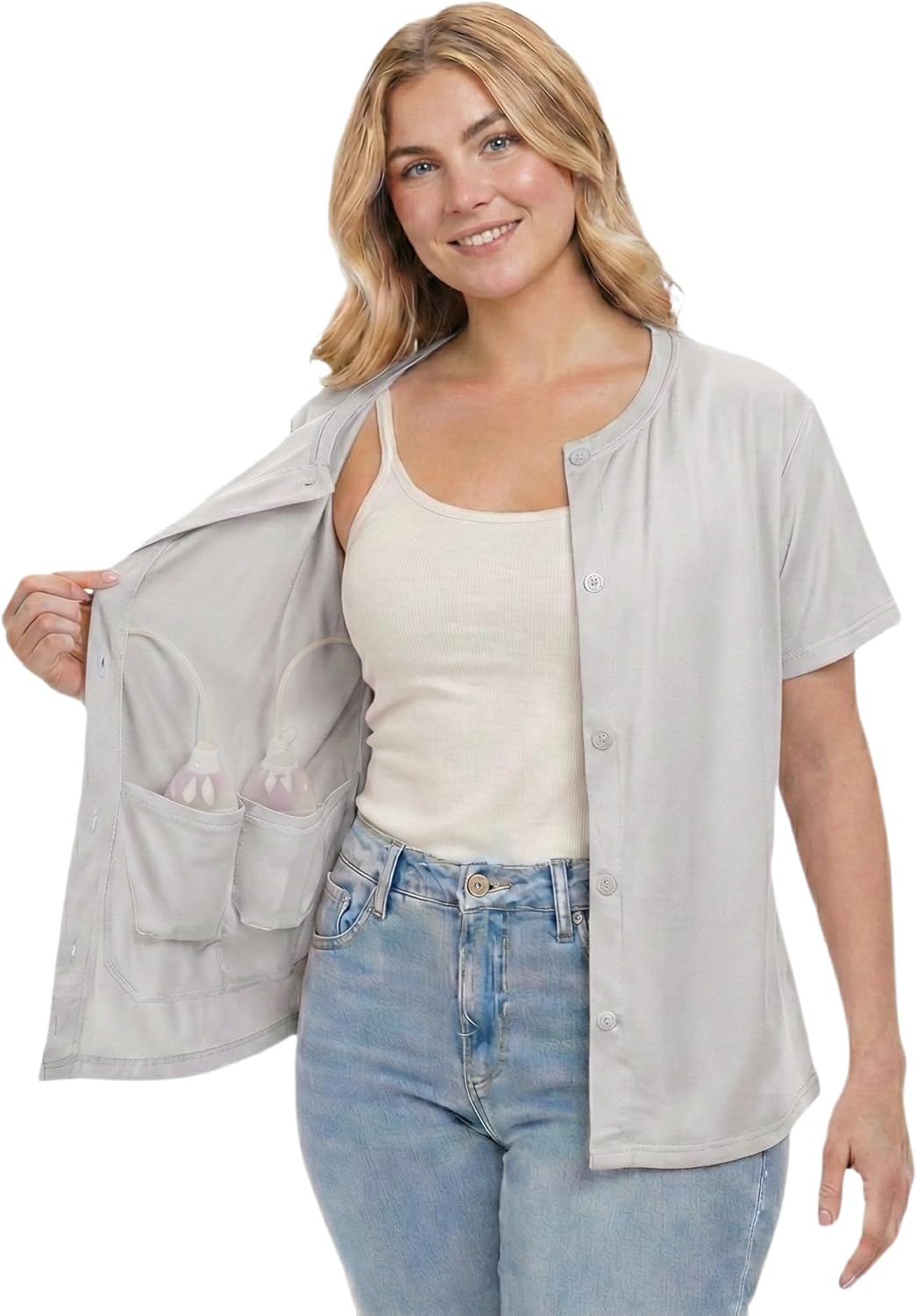 USBD Post Mastectomy Shirt with Drain Pockets Crew Neck Post Op Button Down Recovery Tops