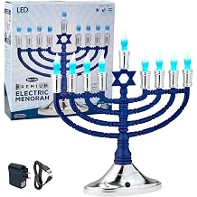 Traditional Large Blue LED Menorah Low Voltage Hanukkah Menorah - Blue & White Holiday Bulbs - Battery or USB Powered - Includes a Wall Plug Cable - Jewish Chanukah Homes, Offices and Dorm Rooms!