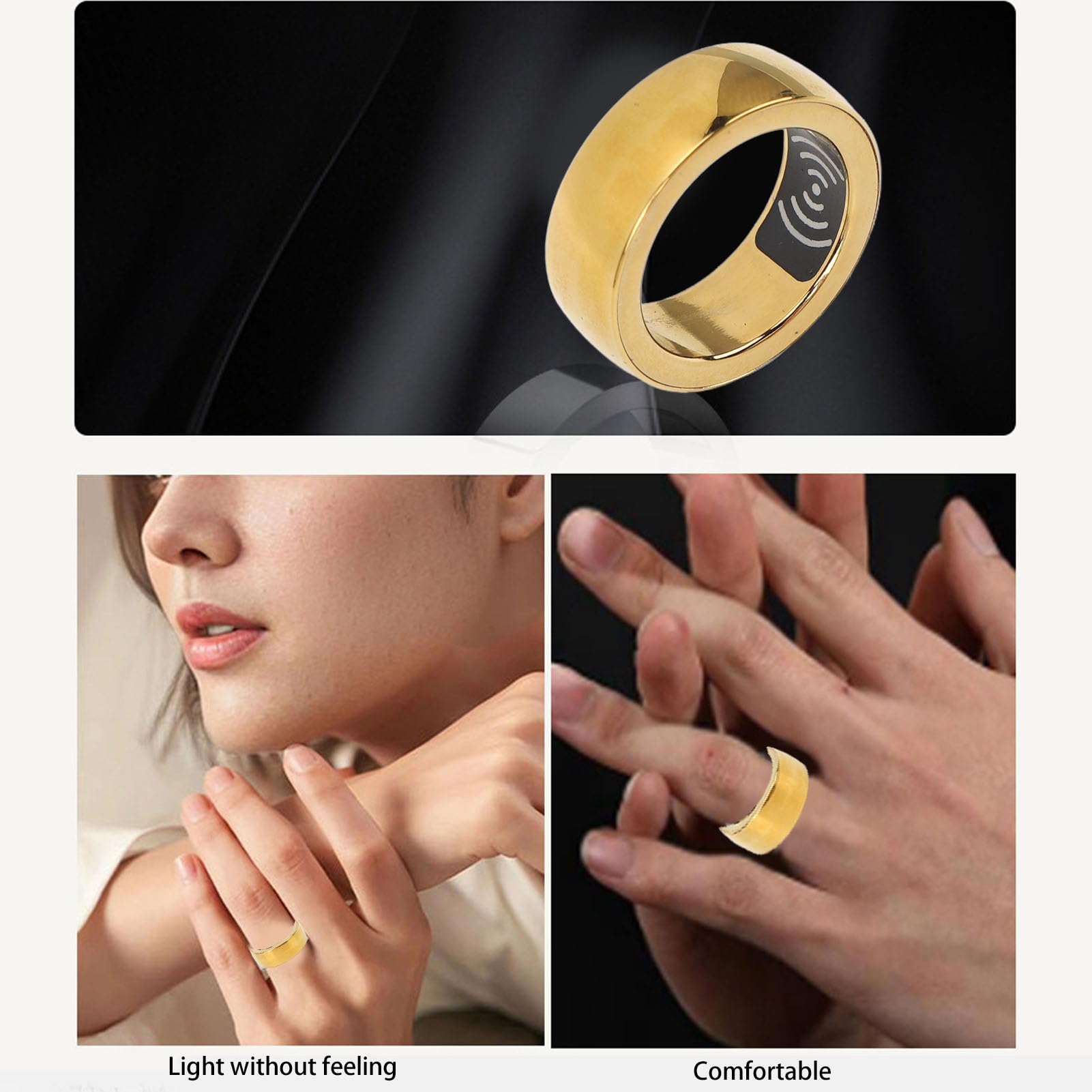 Smart Ring Health, Fashion Tech Ceramic Alloy Wearable Ring with LED Breath Light Charging Case, IP68 Smart Ring for Android for iOS (Gold)