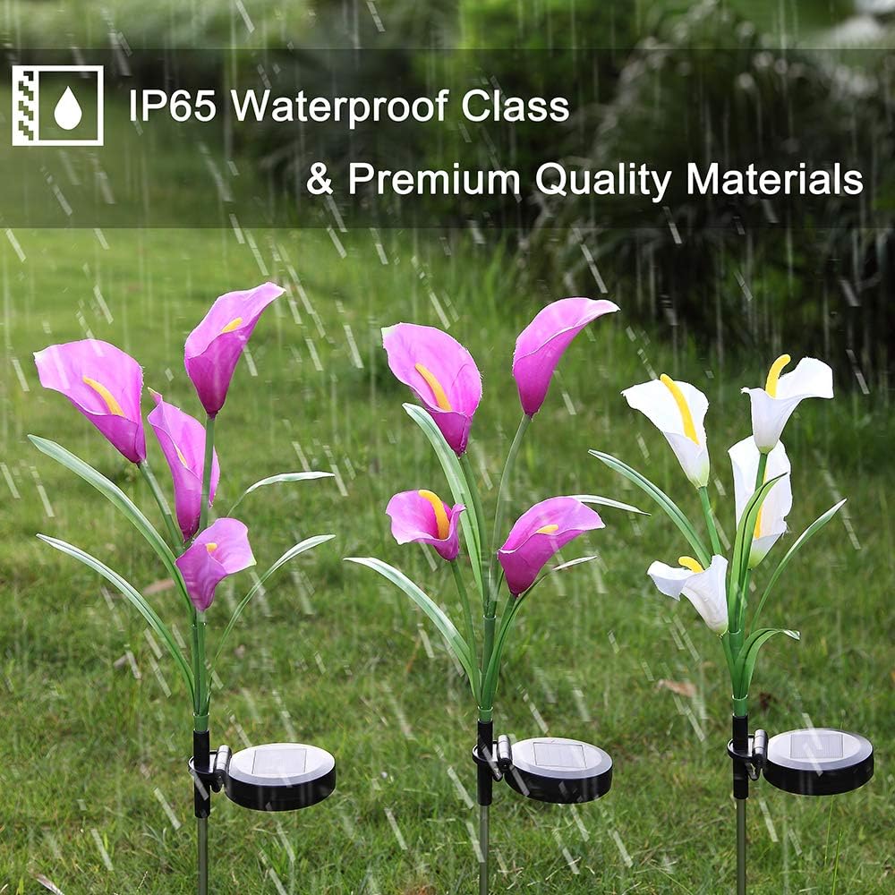 Aloudy Solar Garden Stake Lights: 3 Pack Outdoor Waterproof Calla Lily Flowers, 7 Color Changing LEDs for Garden, Patio, Backyard (Purple & White)