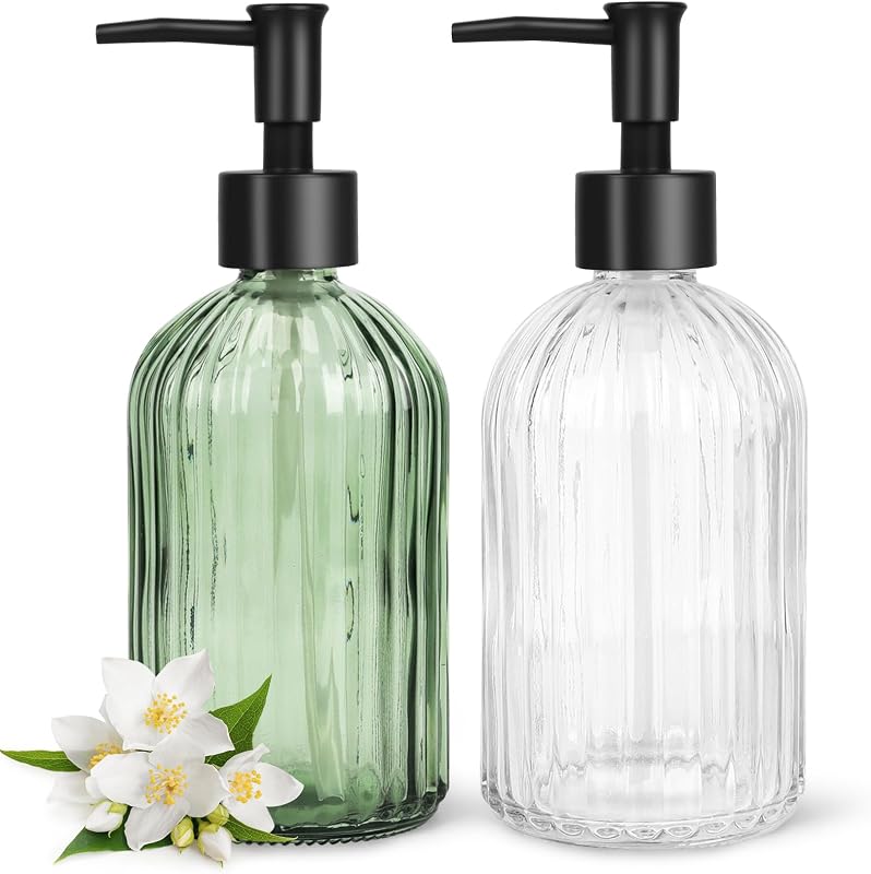 Topsky Pacote com 2 frascos de vidro com dispensador e bomba plástica preta, 400 mL, transparentes e verdes