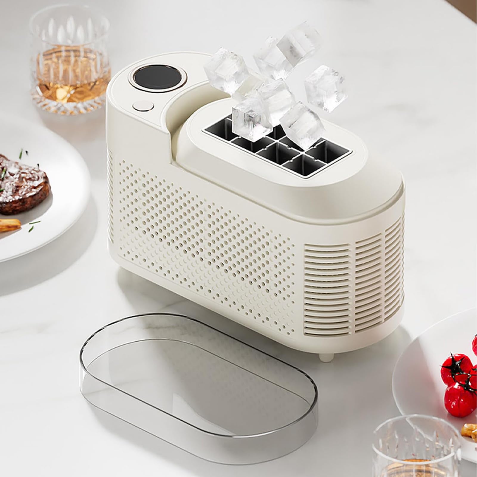 Mini Máquina de Hielo Portátil for Encimera, Fabricación de Hielo Rápida en 10 Minutos, Máquina de Hielo Autolimpiante de Bajo Ruido y Eficiencia Energética(White,Car-power-cable)