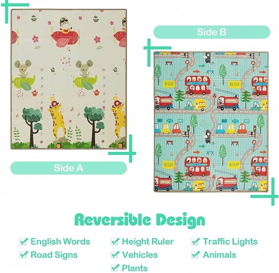 Maxmass Foldable Baby Play Mat, Reversible Crawling Mat with Double-Sided Pattern, Thickened Enlarged Waterproof Foam Playmat for Infants Toddlers, 178x148cm