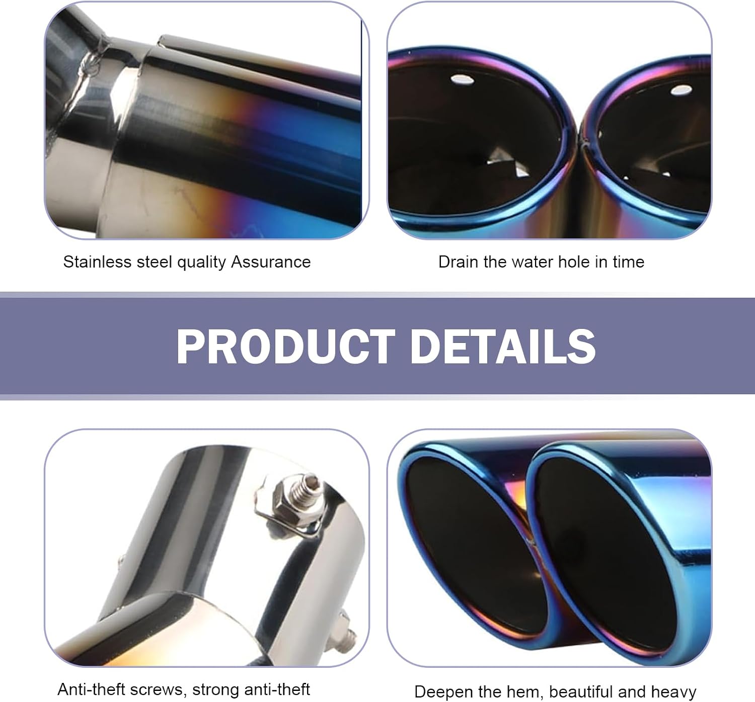 Dual Exhaust Tip, Stainless Steel Bending Muffler Exhaust with Bolt, 2.5" Inlet Dual Tail Pipe Muffler Tip, Exhaust Pipe Modification Accessories, Universal Muffler Tail for Cars (Baked Blue)