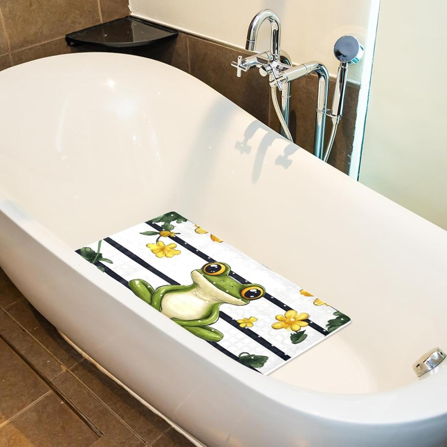 Cute Frog with Flowers Striped Backgroun Bath Tub and Shower Mats, Non Slip Bathmat with Drain Holes and Suction Cups for Bathroom Floor, 15.1 x 26.8 Inch