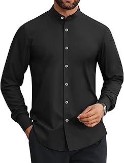 Mens Dress Shirts Wrinkle Free Dress Shirts for Men Long Sleeve Button Down Shirts Banded Collar Shirts - Buy now
