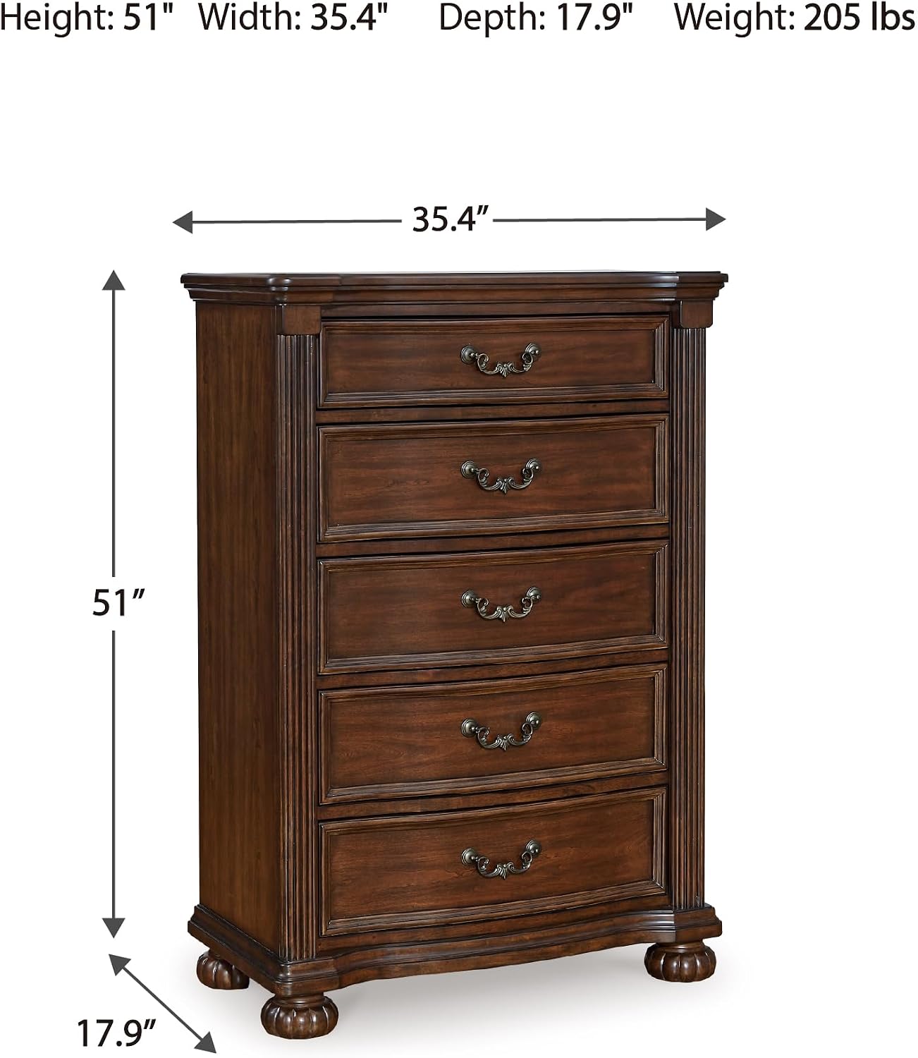 Signature Design by Ashley Lavinton Traditional Chest with 5 Smooth-Gliding Drawers, Metal Drawer Pulls, Wood, Cherry Brown Finish, 35.38' W x 17.88' D x 51' H