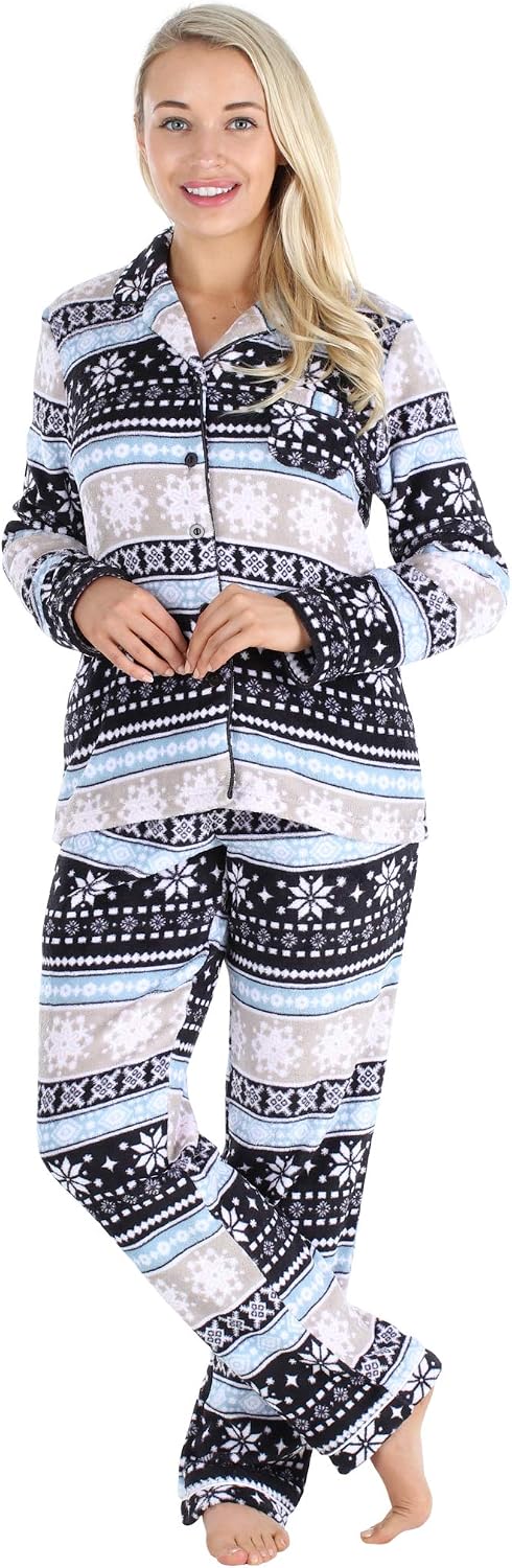 PajamaMania Women's Plush Fleece Long Sleeve 2-Piece Button-Down Pajamas PJ Set