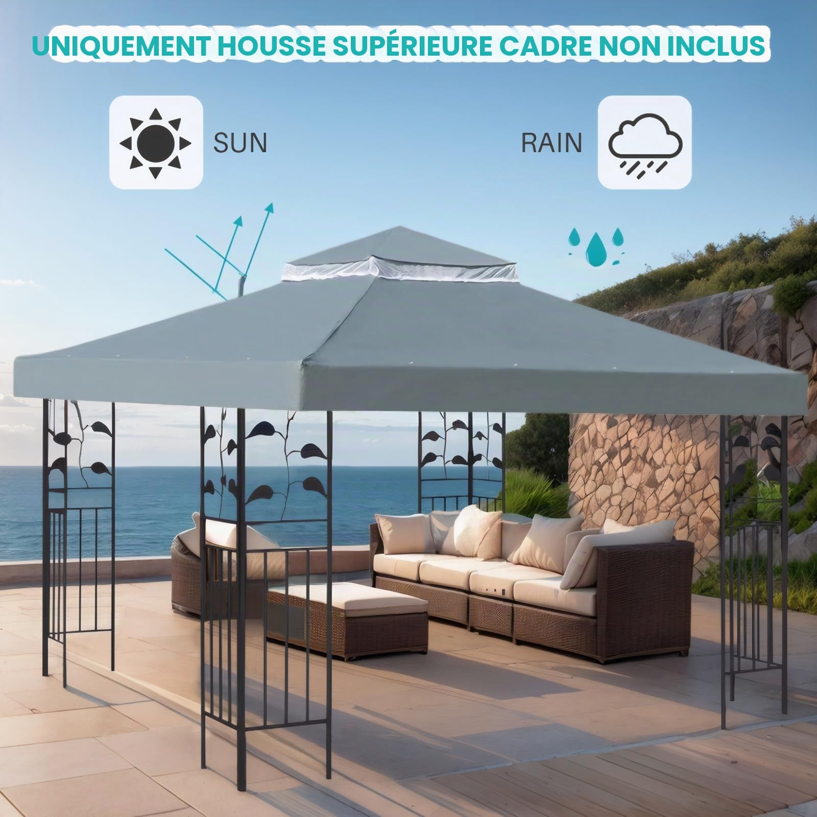 OKYUK Toit de rechange respirant UV, stable et imperméable, avec drainage, idéal pour tonnelle de jardin 3 x 3 m (gris)