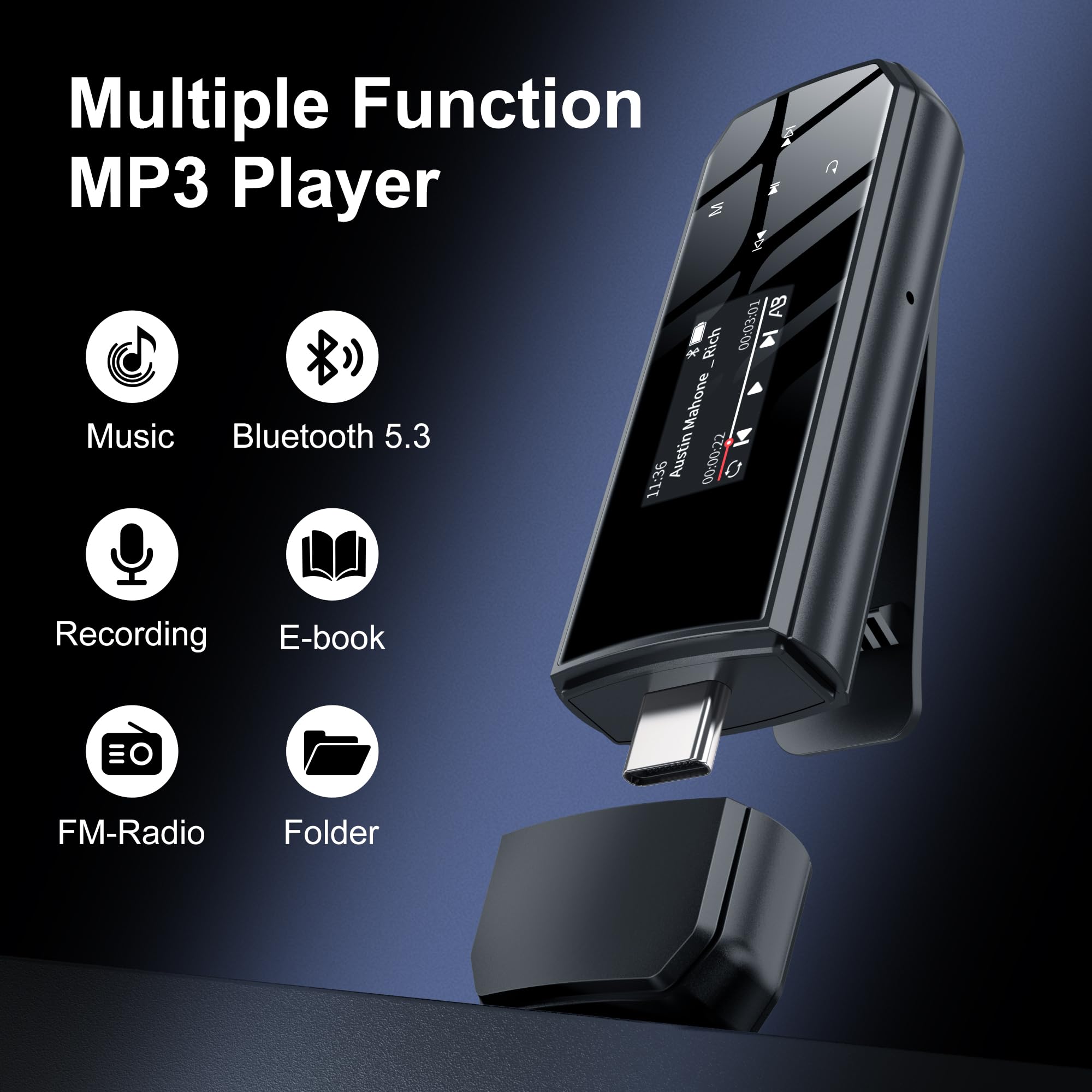 SWOFY Lettore MP3 USB portatile Bluetooth 5.3, 32 GB, clip per sport e corsa, radio FM, registrazione vocale, trasferimento di file dal cellulare e riproduzione audio digitale casuale (nero)