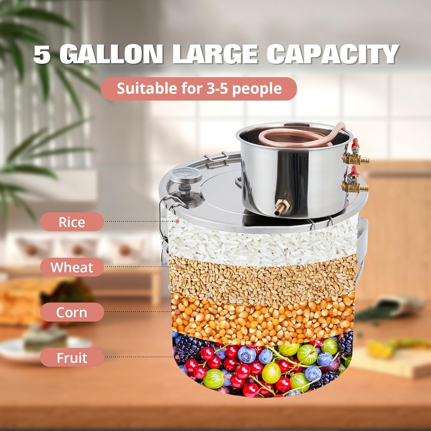 Alcohol Distiller 10 Gal Stainless Steel with Copper Tube & Built-in Thermometer for Home Brewing, DIY Whisky, Wine & Brandy Making