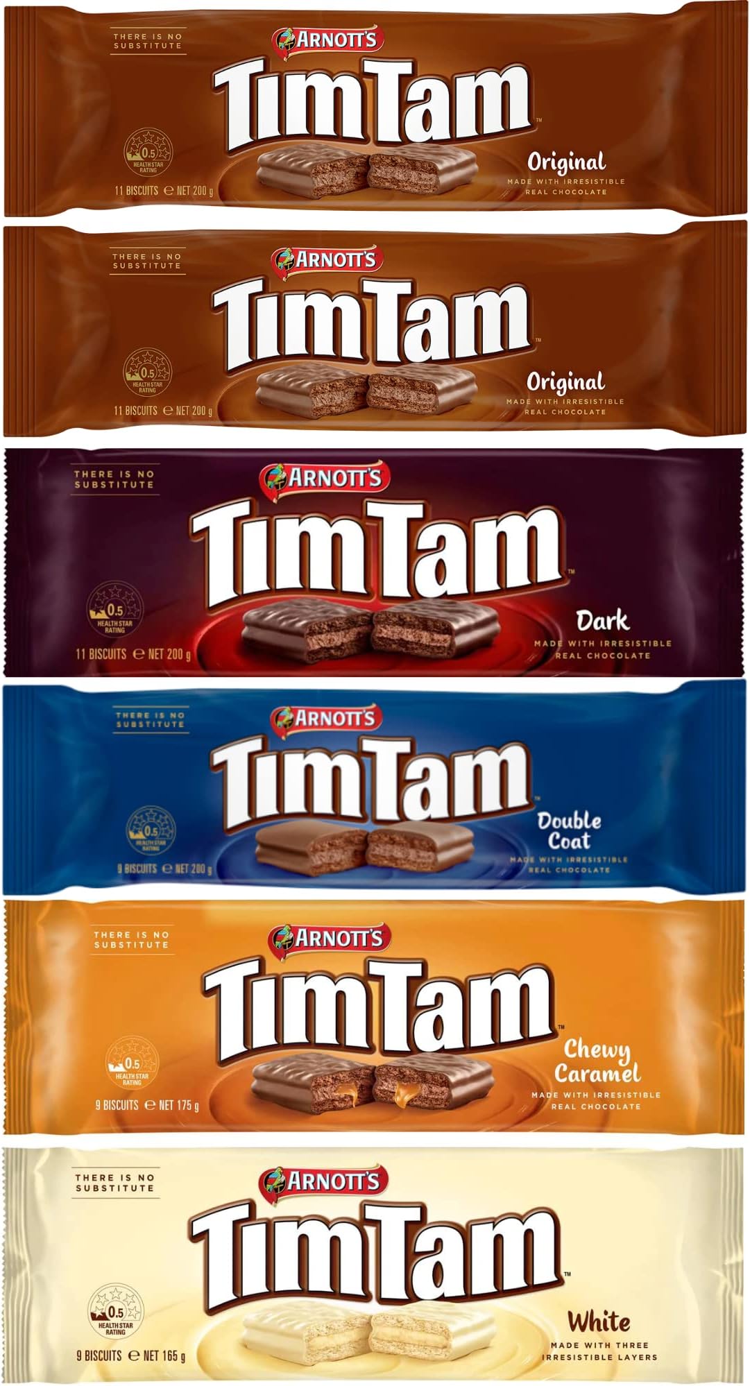 Arnott's Tim Tam Chocolate Biscuits - 6 Pack - 2 x Original, 1 x Dark, 1 x Double Coat, 1 x Chewy Caramel, 1 x White - Made in Australia