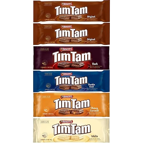 Arnott’s Tim Tam Chocolate Biscuits – 6-Pack Assortment: 2 Original, 1 Dark, 1 Double Coat, 1 Chewy Caramel, 1 White – Made in Australia