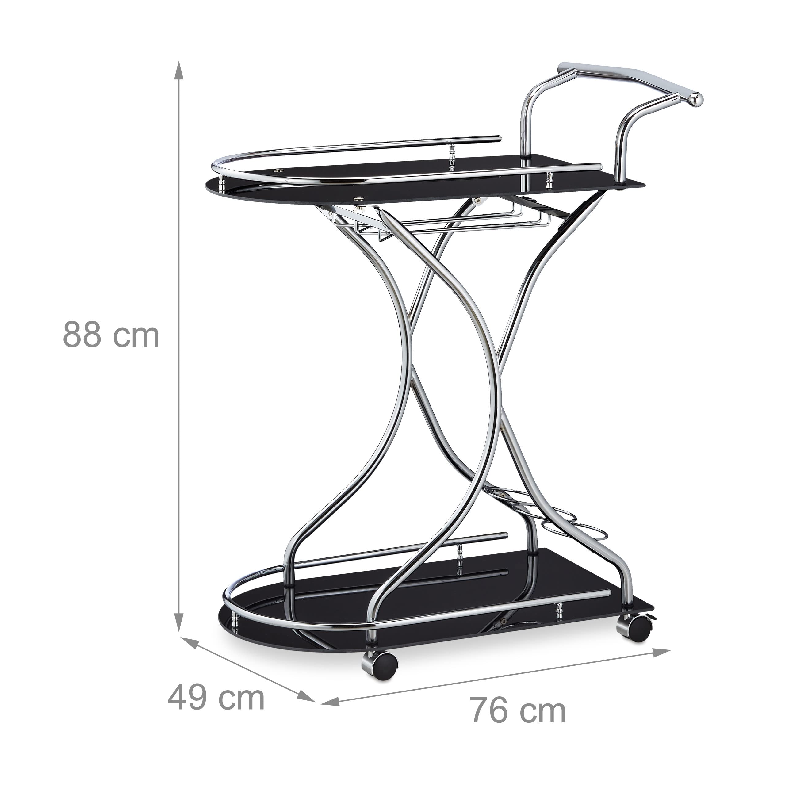 Relaxdays Carrito Cocina, Ruedas, Camarera 2 Baldas, Botellero, Soporte Copas, Vidrio, Metal, 88x76x49cm, Negro/Plateado