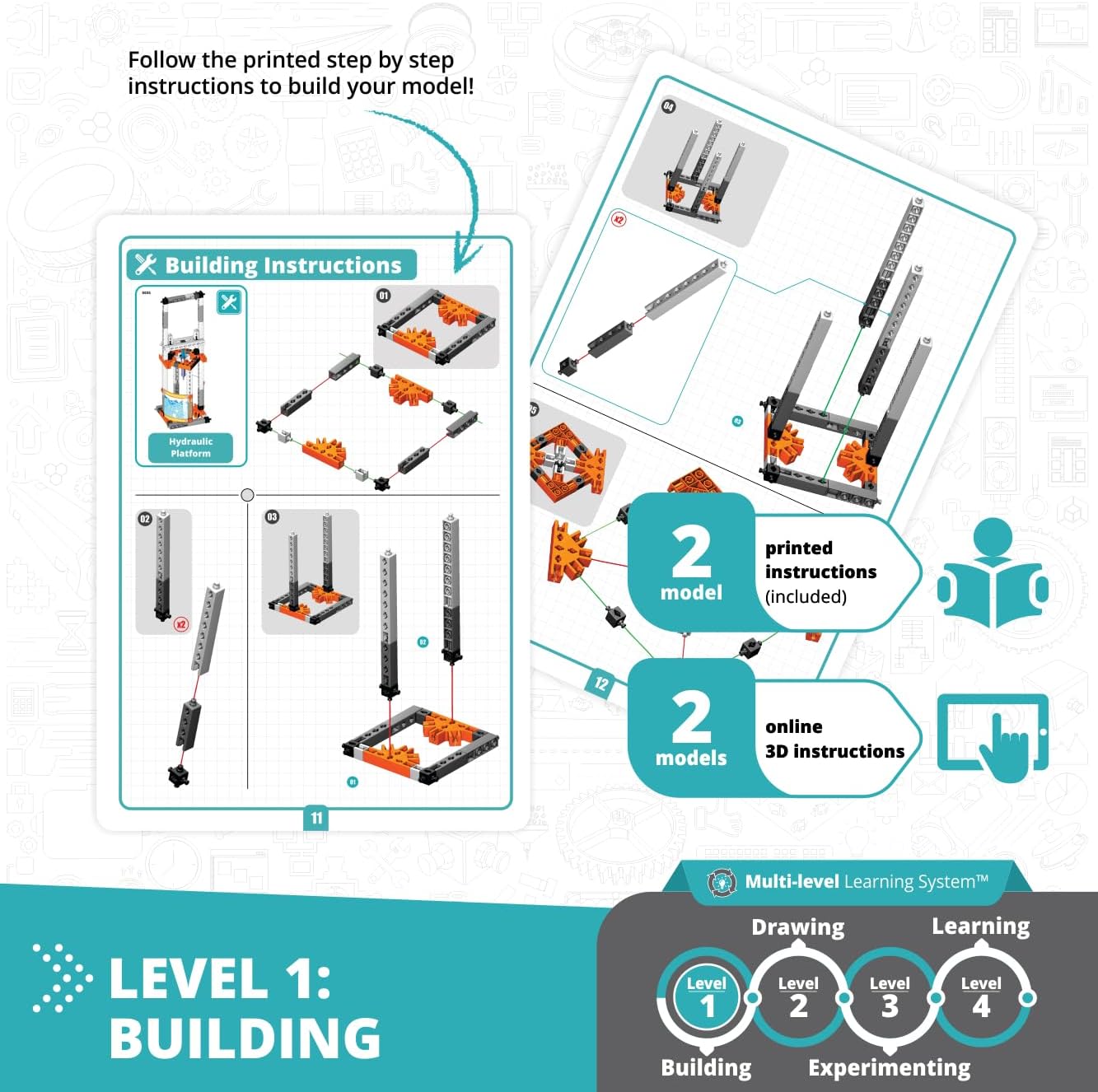 Image showing a page from the Engino building instructions booklet, detailing step-by-step assembly for a hydraulic platform model with visual diagrams.