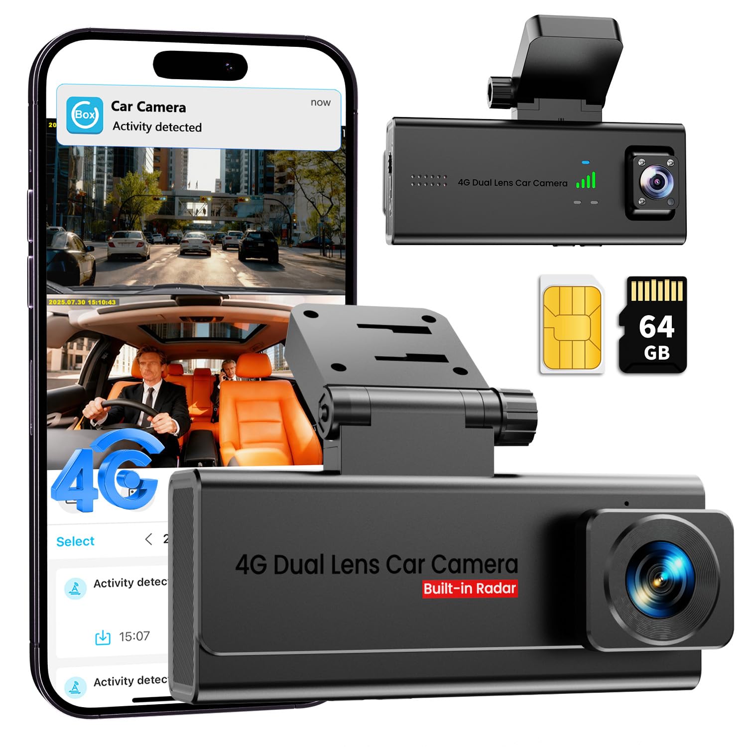 4G LTE Dashcam Coche con SIM, Camara Coche Vigilancia Antivandalismo Frontal y Interior, Modo Parking 24/7, Vista en Directo vÃa App & Audio Bidireccional, Alertas IA Movimiento & GPS, SD/Cloud