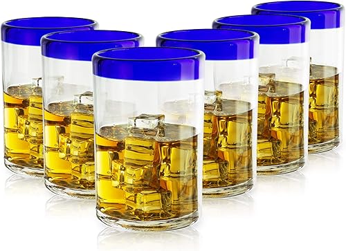 Miniatura 9 de Vaso soplado a mano mexicano  Juego de 4 vasos grandes de 16 onzas, línea de borde azul cobalto, margarita de lujo y copas de cóctel, diseño