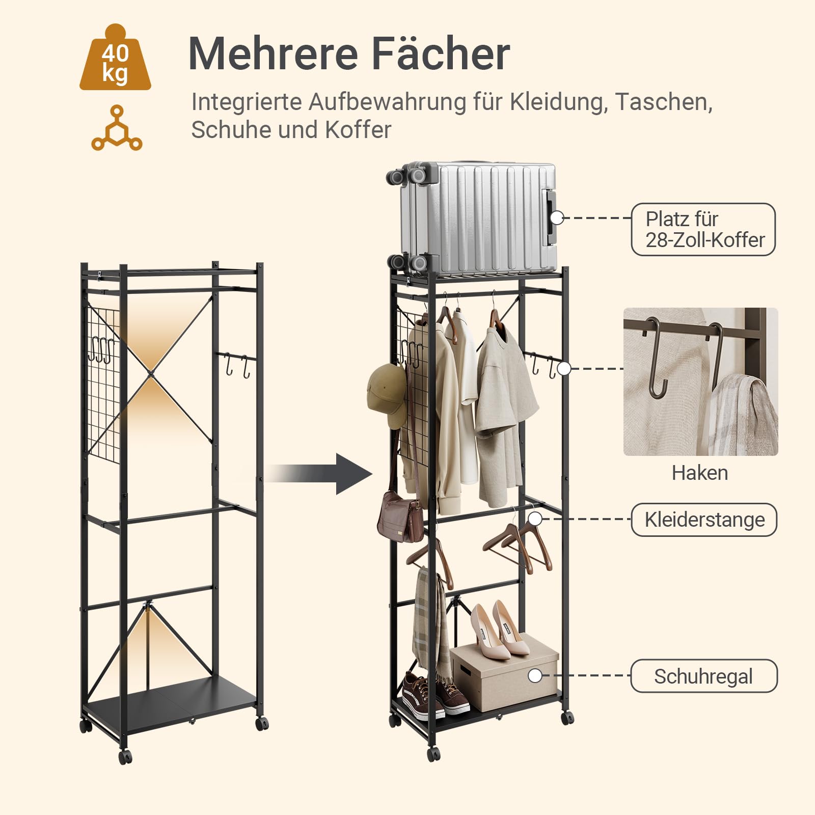 SoBuy Klappbarer Kleiderständer Schmal auf Rollen, 60,5x32,5x175cm | mit Schuhablage, Haken & Gepäckständer für Schlafzimmer Flur Wäscheraum, werkzeugfreie Montage, Schwarz, KLS21-SCH