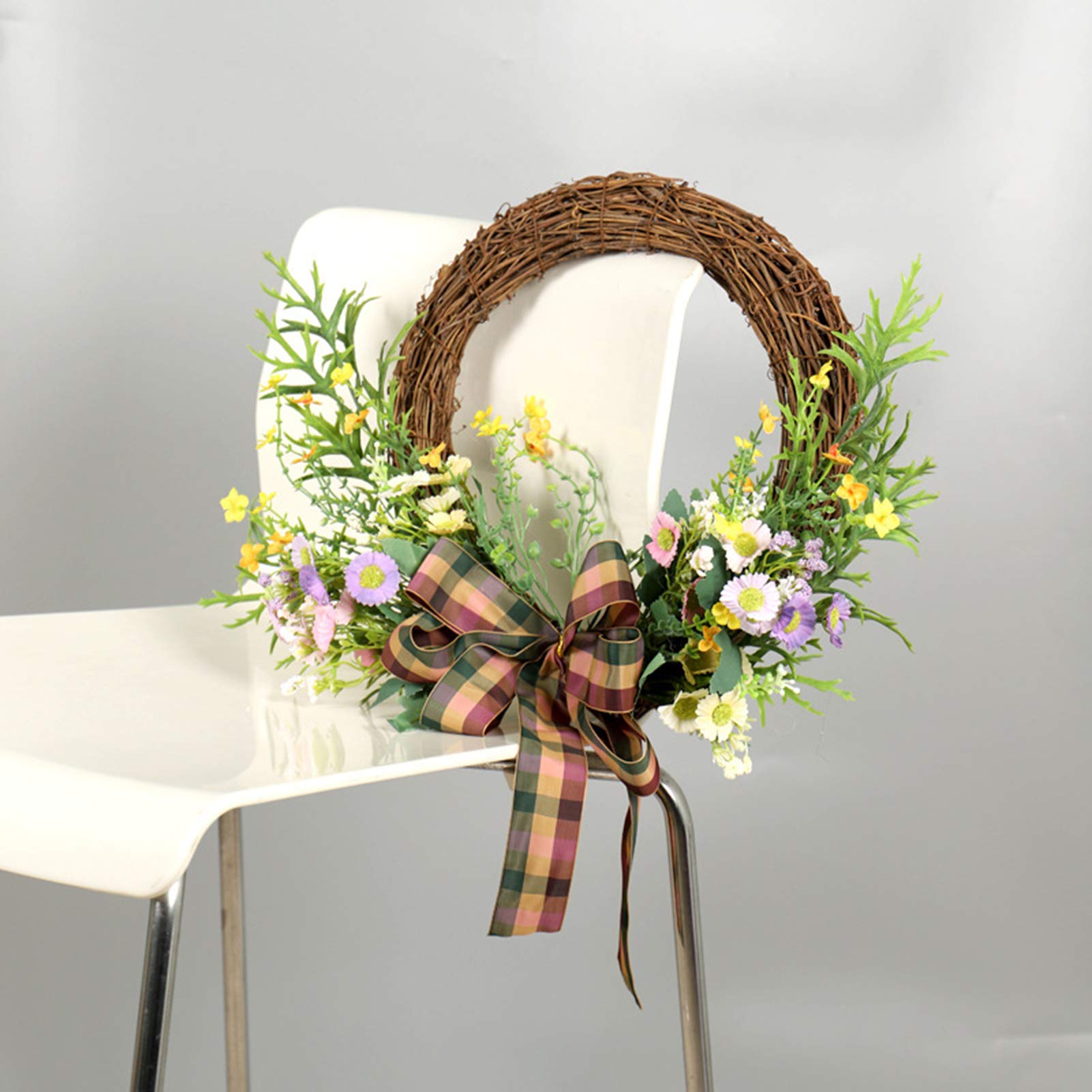 Türkranz LIU- Frühling Sommer Kleine Sonnenblume Geweih Blatt Kranz Mit Plaid Bowknot Handgemachte Front, Home Bauernhaus Garten Dekor