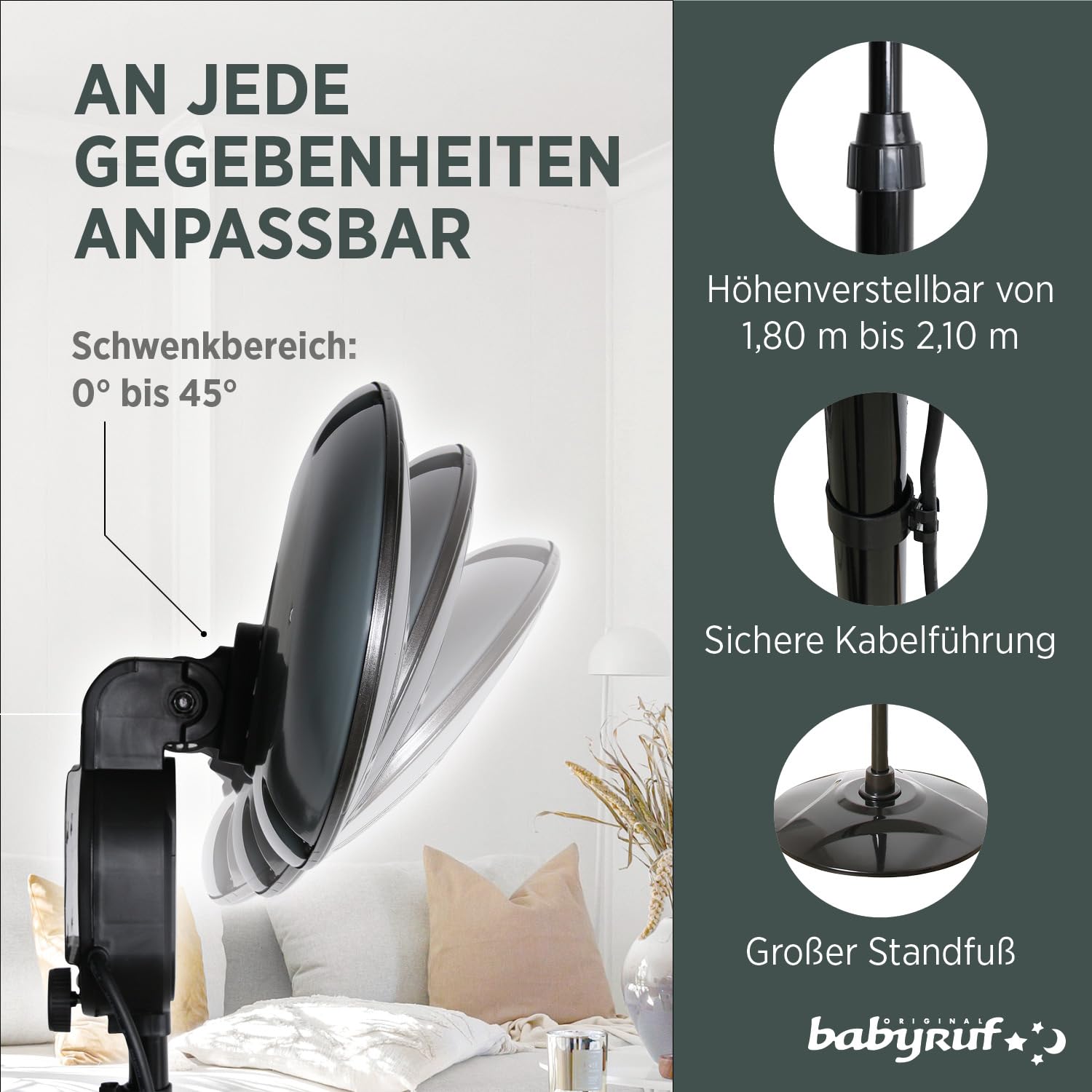 BS 55 Heizstrahler | 2000W Leistung | Höhenverstellbar 120-210 cm | 2in1 Standheizstrahler | Wärmelampe als Wand-oder Standgerät | Baby Heizstrahler | 3 Leistungsstufen | schwarz