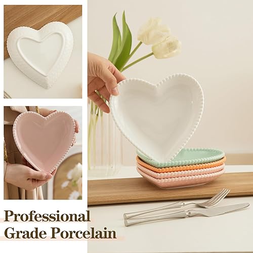 Miniatura 3 de Juego de 10 platos de porcelana de 6.3 pulgadas, platos llanos pequeños en forma de corazón, platos de ensalada de postre para pasteles, aperitivos,